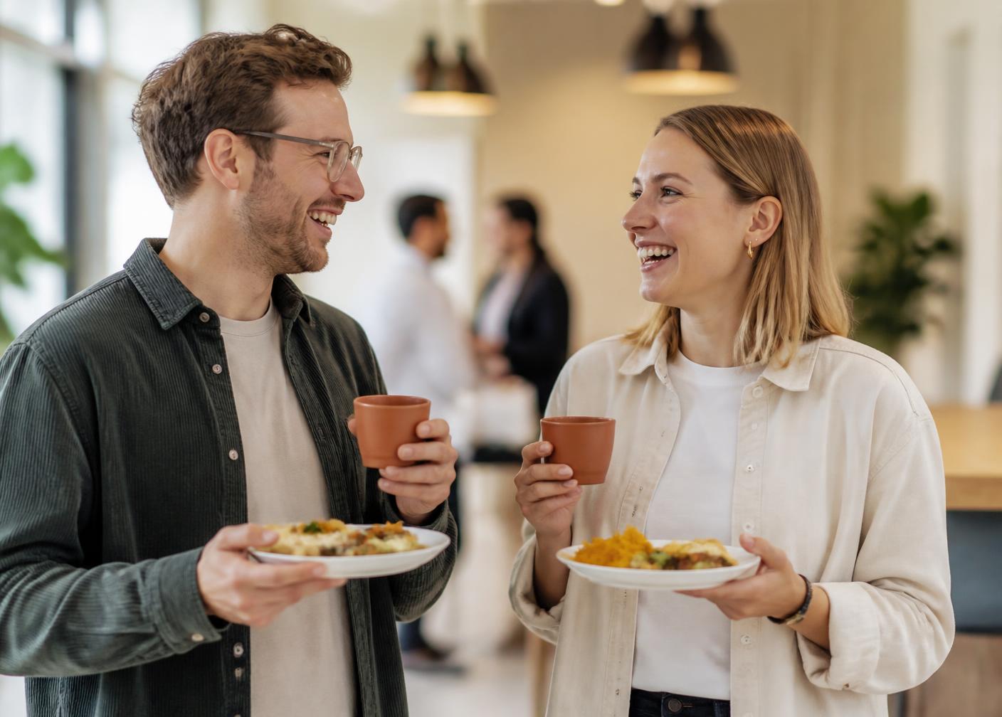 Two colleagues with plates of Indian food and cups of masala chai in a modern office